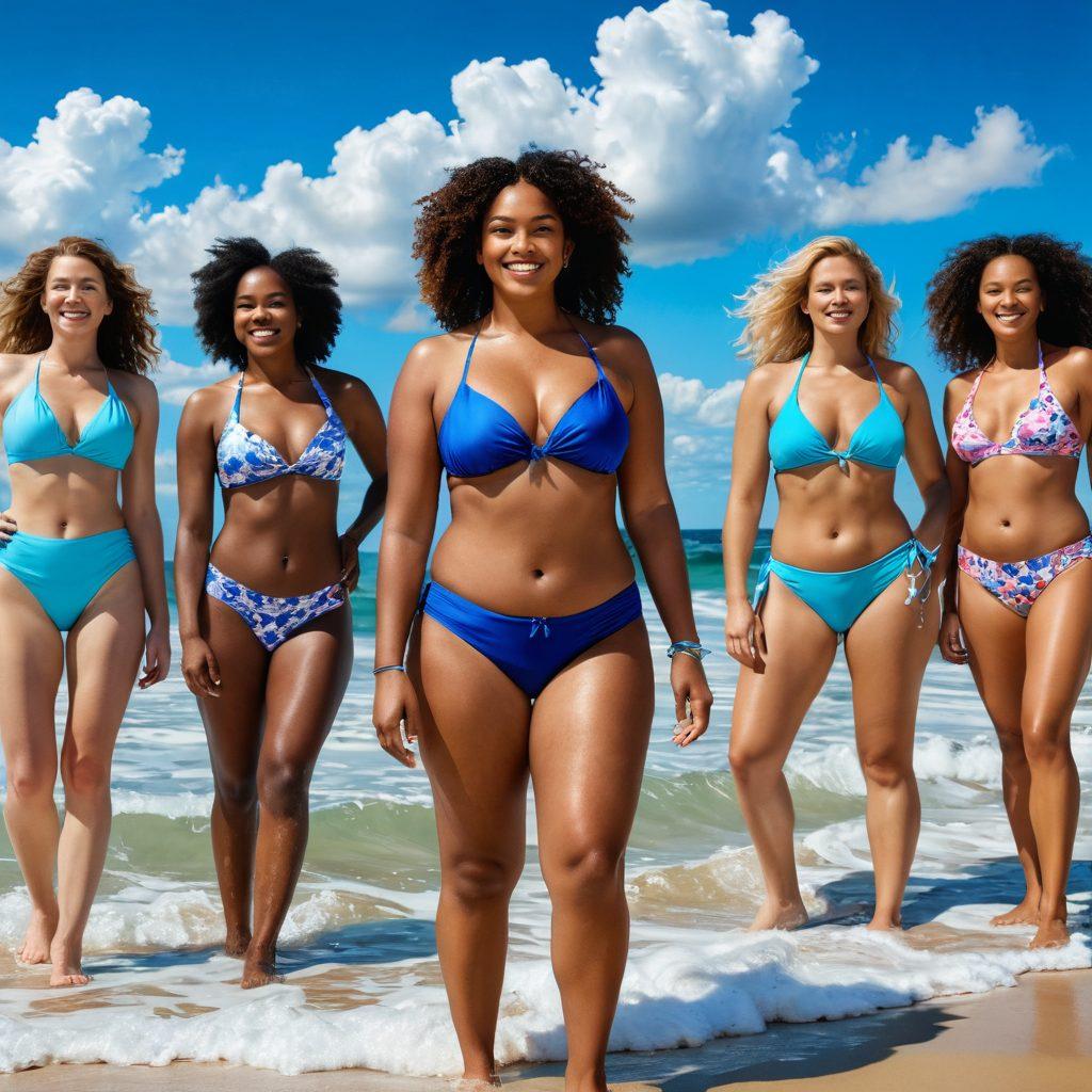 A vibrant beach scene featuring diverse mature women confidently showcasing stylish bikini beachwear, enjoying the sun and waves. Include playful ocean waves crashing in the background and a bright blue sky scattered with fluffy clouds. Emphasize body positivity, joy, and vibrant summer colors. super-realistic. bright colors. beach setting.
